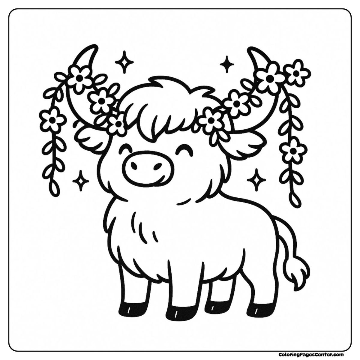 Flower coloring highland cow coloring page with blooming garlands Flower coloring highland cow coloring page and garlands of flowers