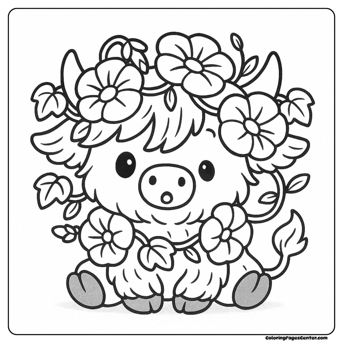 Flower coloring highland cow coloring page wrapped in garden vines