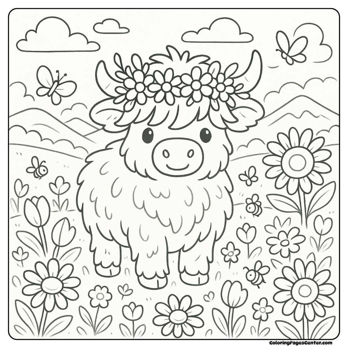 Flower coloring highland cow coloring page among bright spring flowers