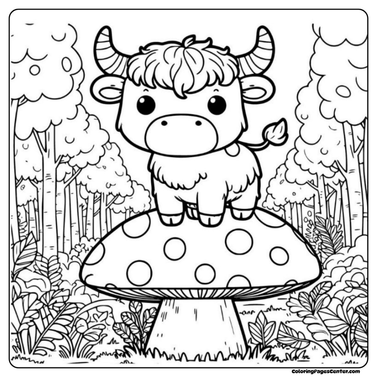 Mini highland cow coloring page standing on a spotted mushroom