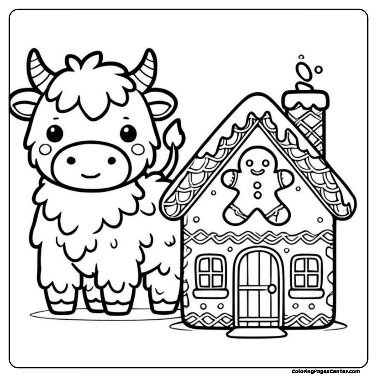 Highland cow coloring page for Christmas next to a sweet gingerbread house