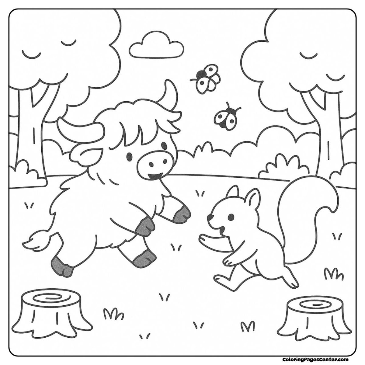 Playful highland cow coloring page chasing forest friends