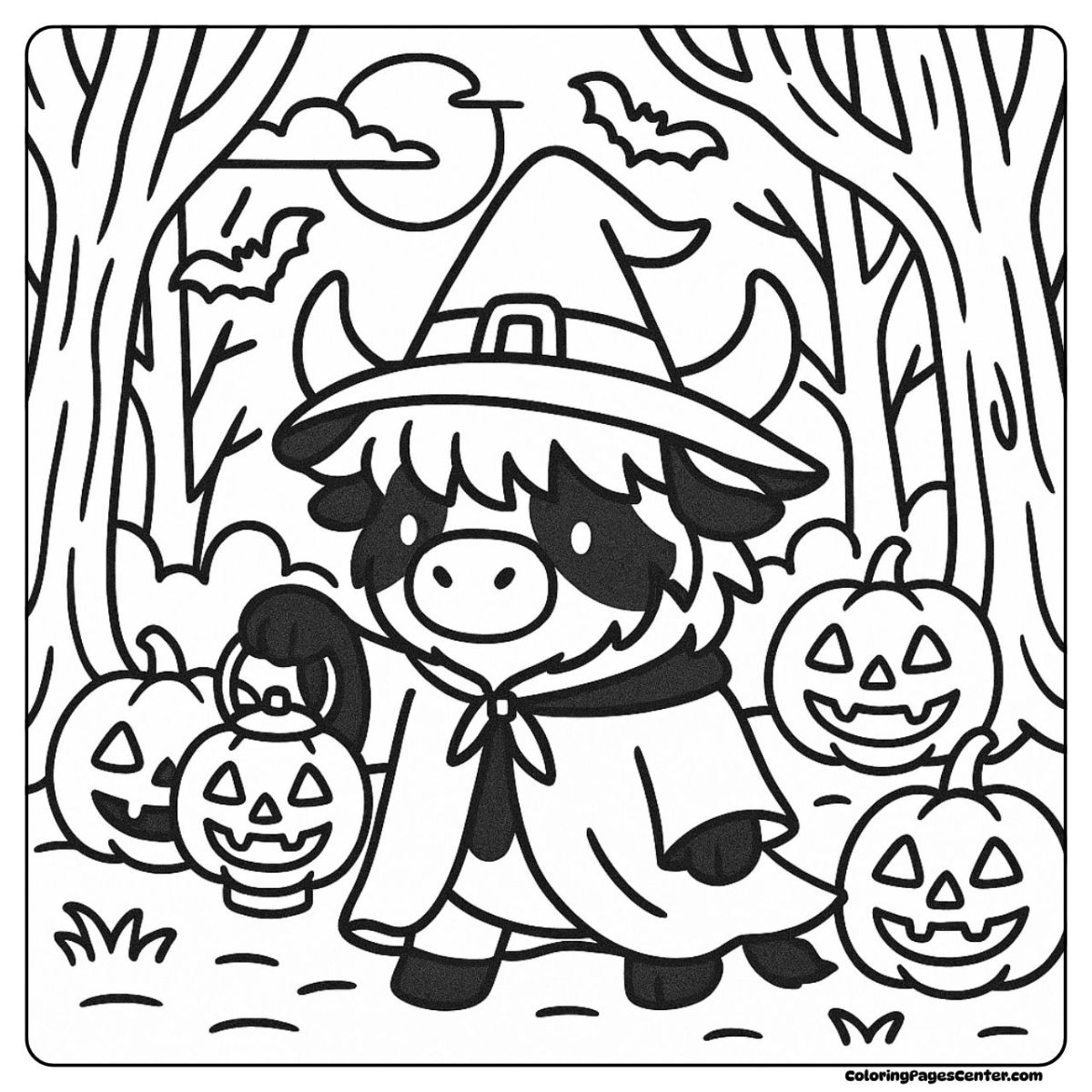 Spooky highland cow coloring sheet dressed up for treats