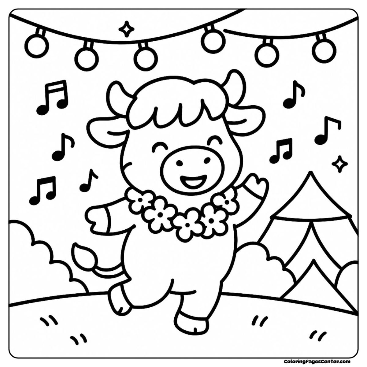 Highland cow coloring page with music and fairy lights around