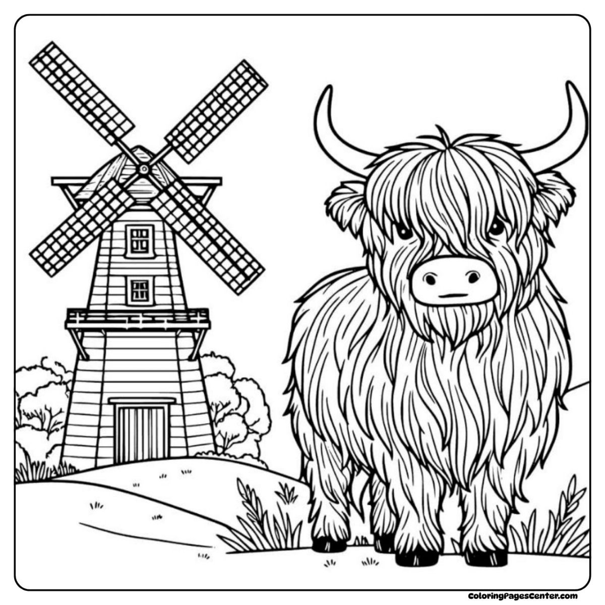Highland cow coloring sheet with windmill and wide countryside