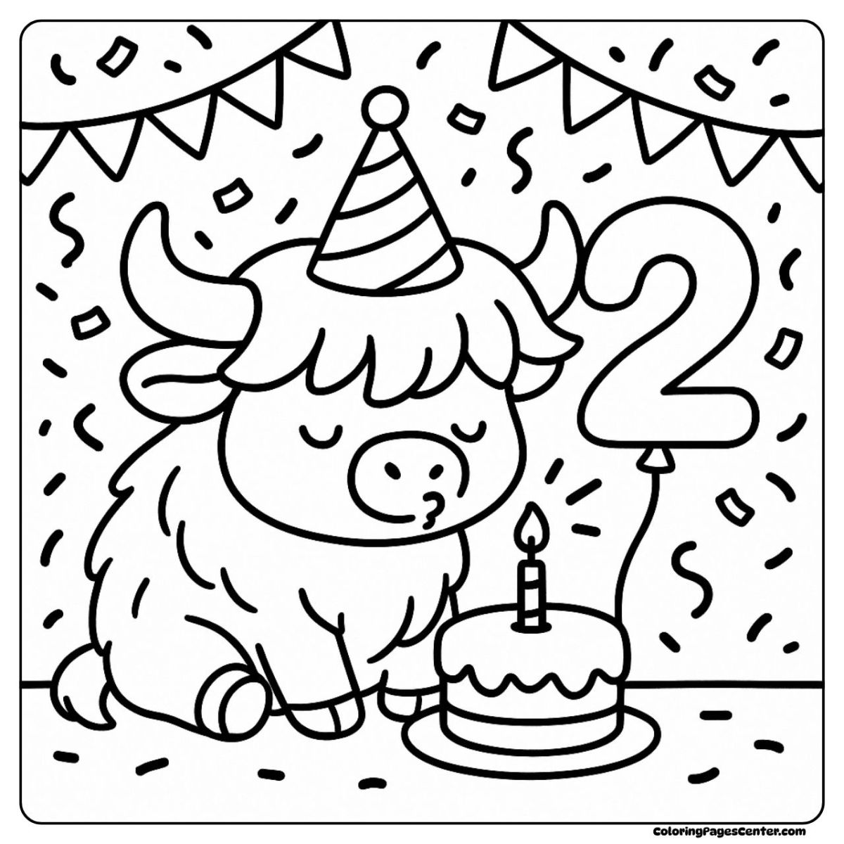 Highland cow coloring page with balloons, cake and a party hat