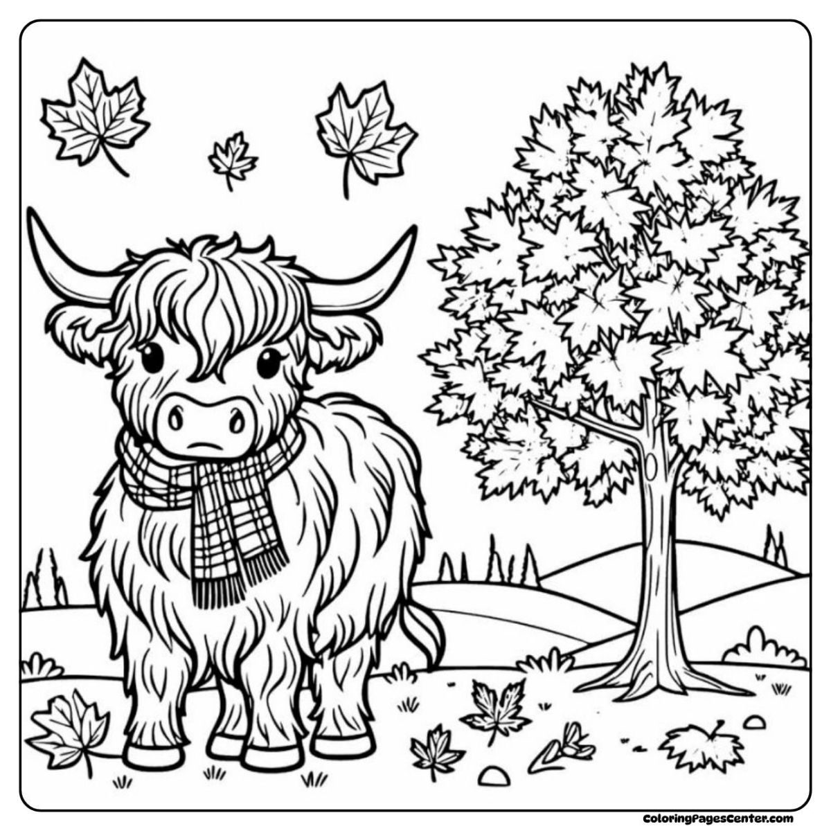 Autumn highland cow coloring sheet with scarf and tree