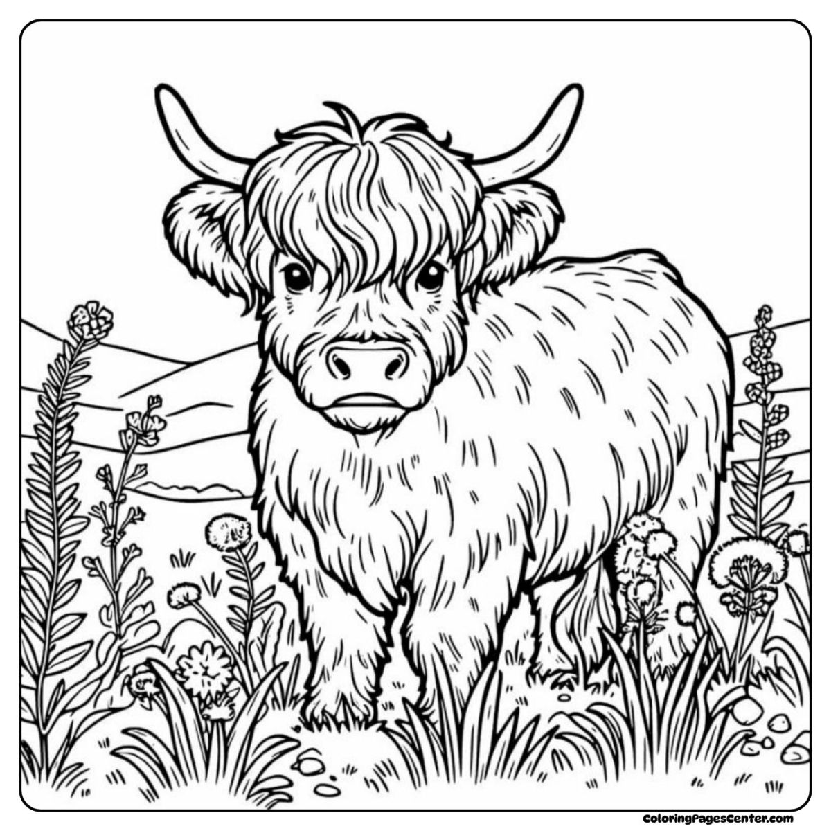 Peaceful highland cow coloring image with flowers and grass