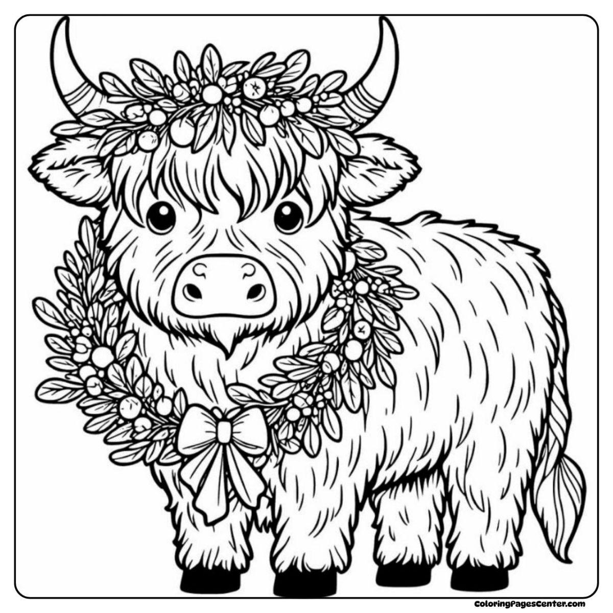 Highland cow coloring picture with a floral wreath and bow