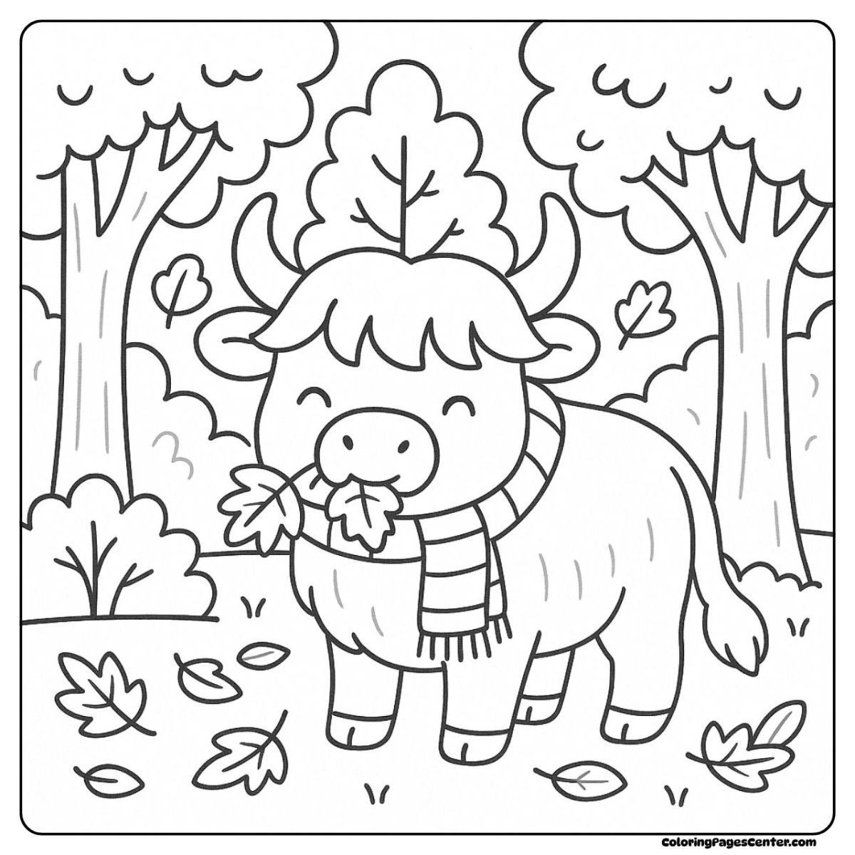 Highland cow coloring page with leaves falling in the forest