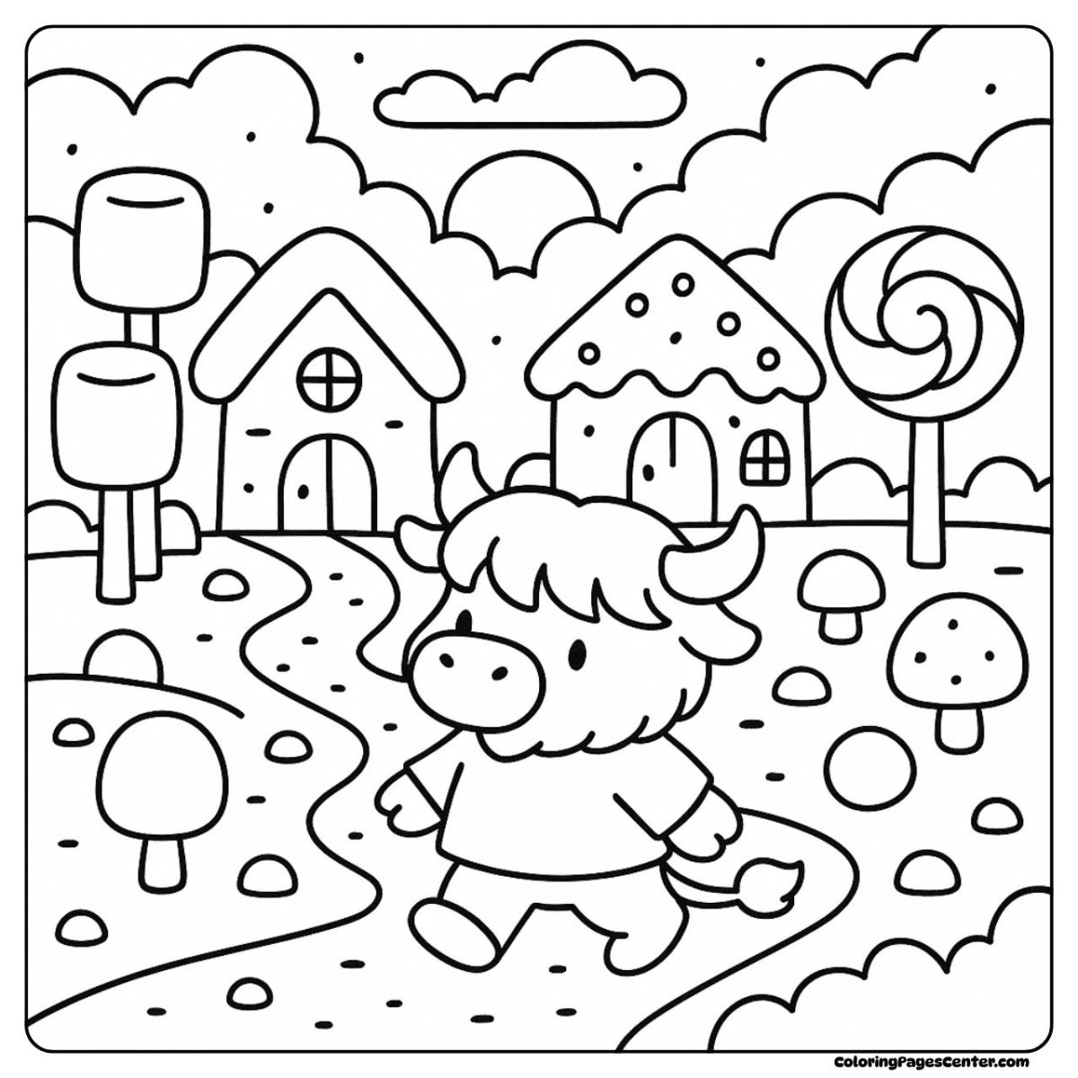 Highland cow coloring page with candy trees and cookie houses