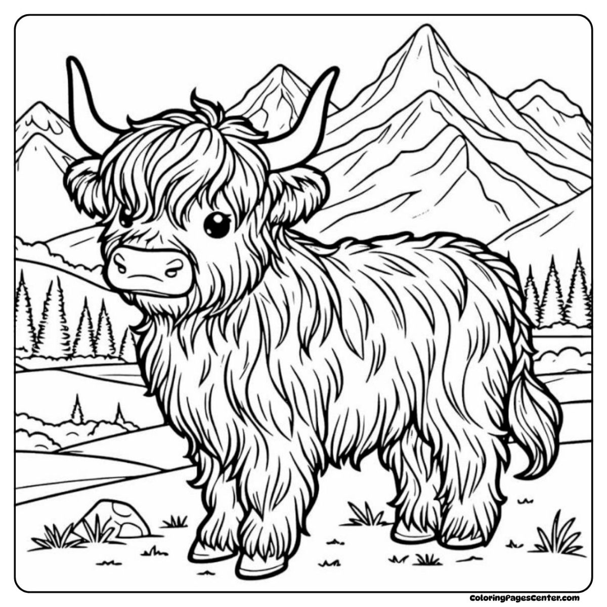 Charming highland cow coloring picture with mountains and pine trees