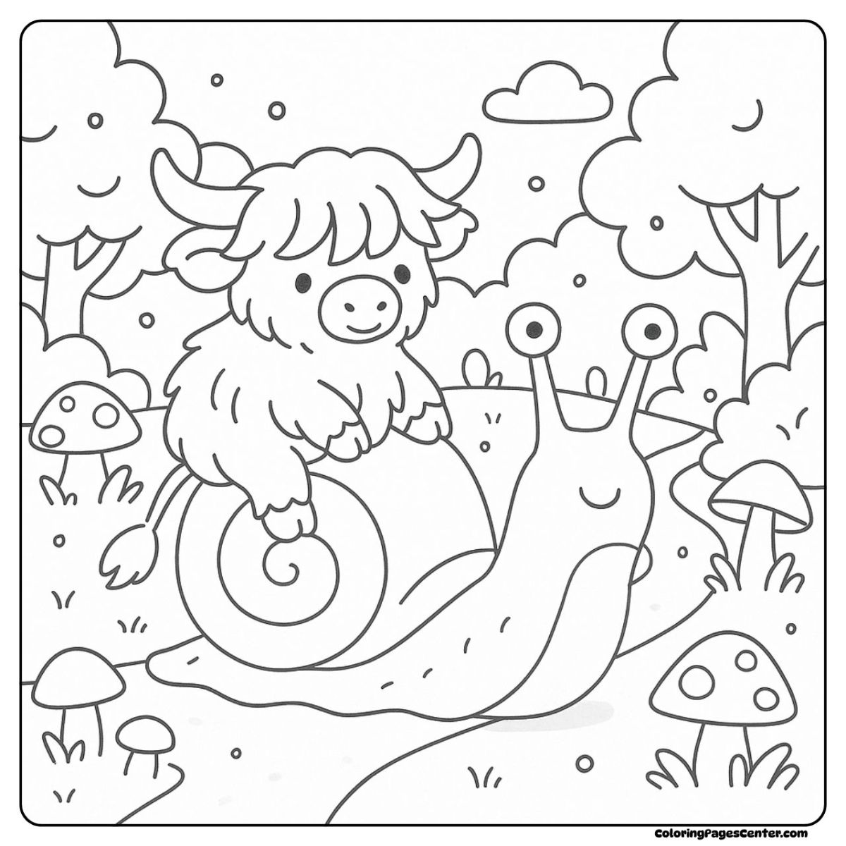 Highland cow coloring page with a friendly snail and mushrooms