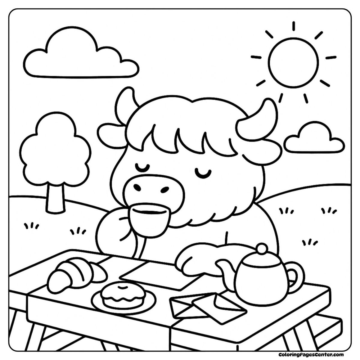 A fun highland cow coloring sheet enjoying tea and pastries outdoors