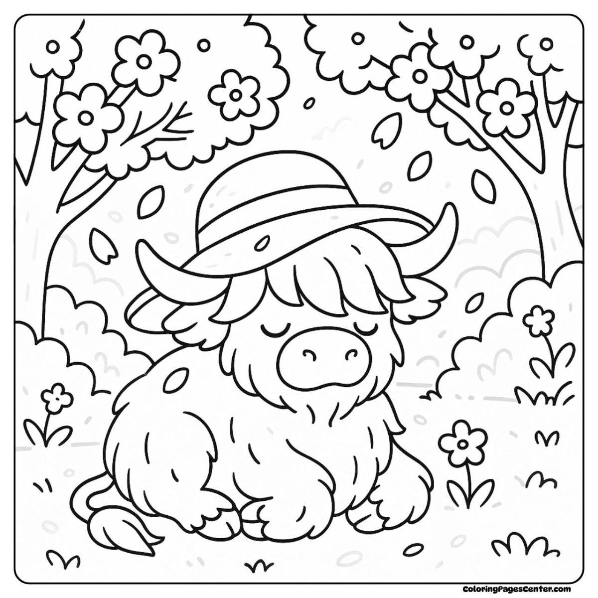 Highland cow coloring page with petals falling all around