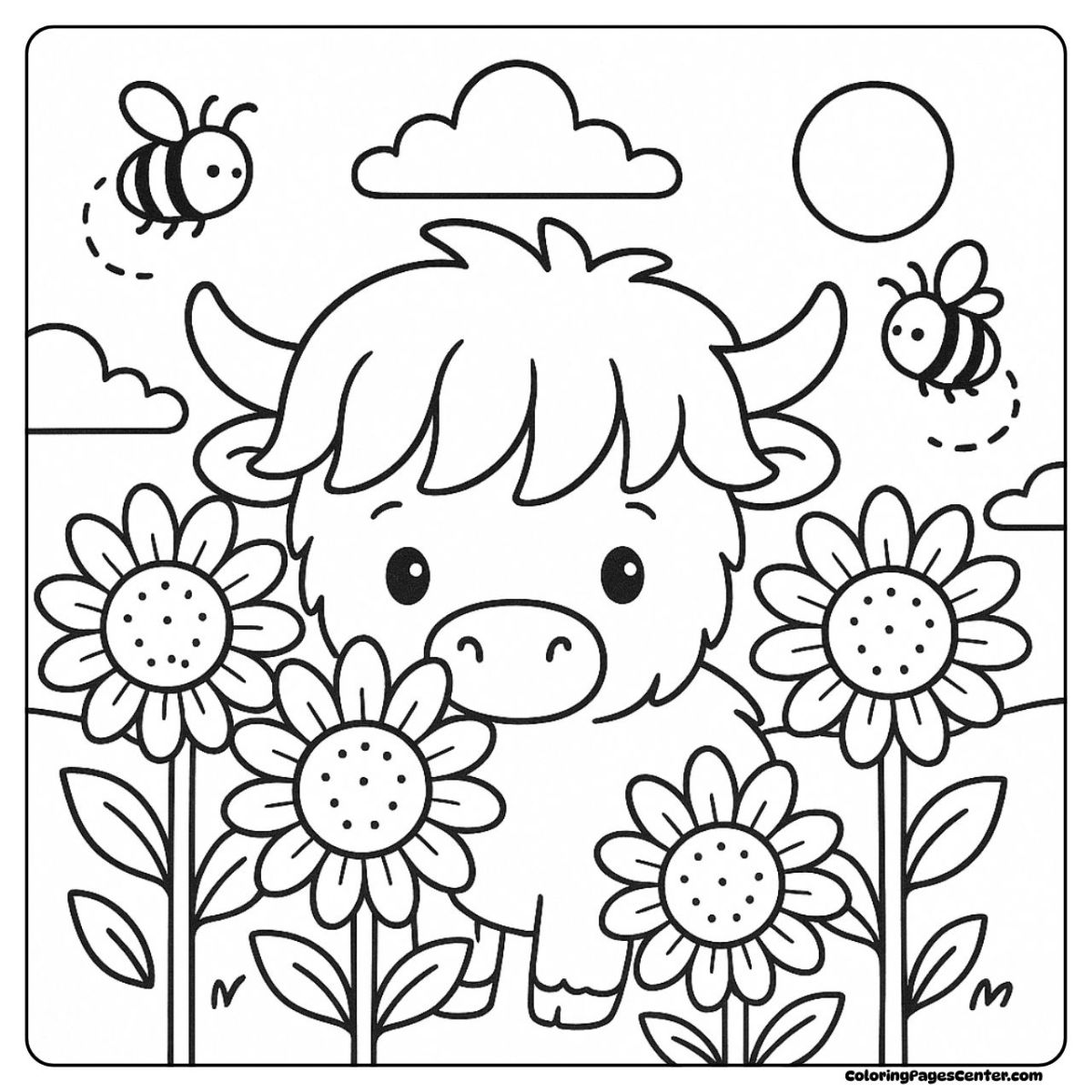 Highland cow coloring page enjoying the bees and tall flowers