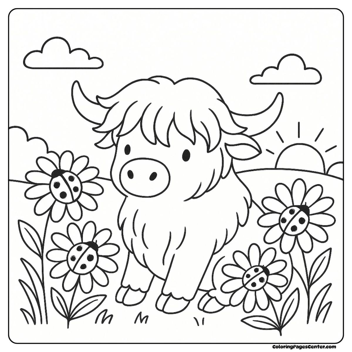 Highland cow coloring page in a field of flowers and ladybugs