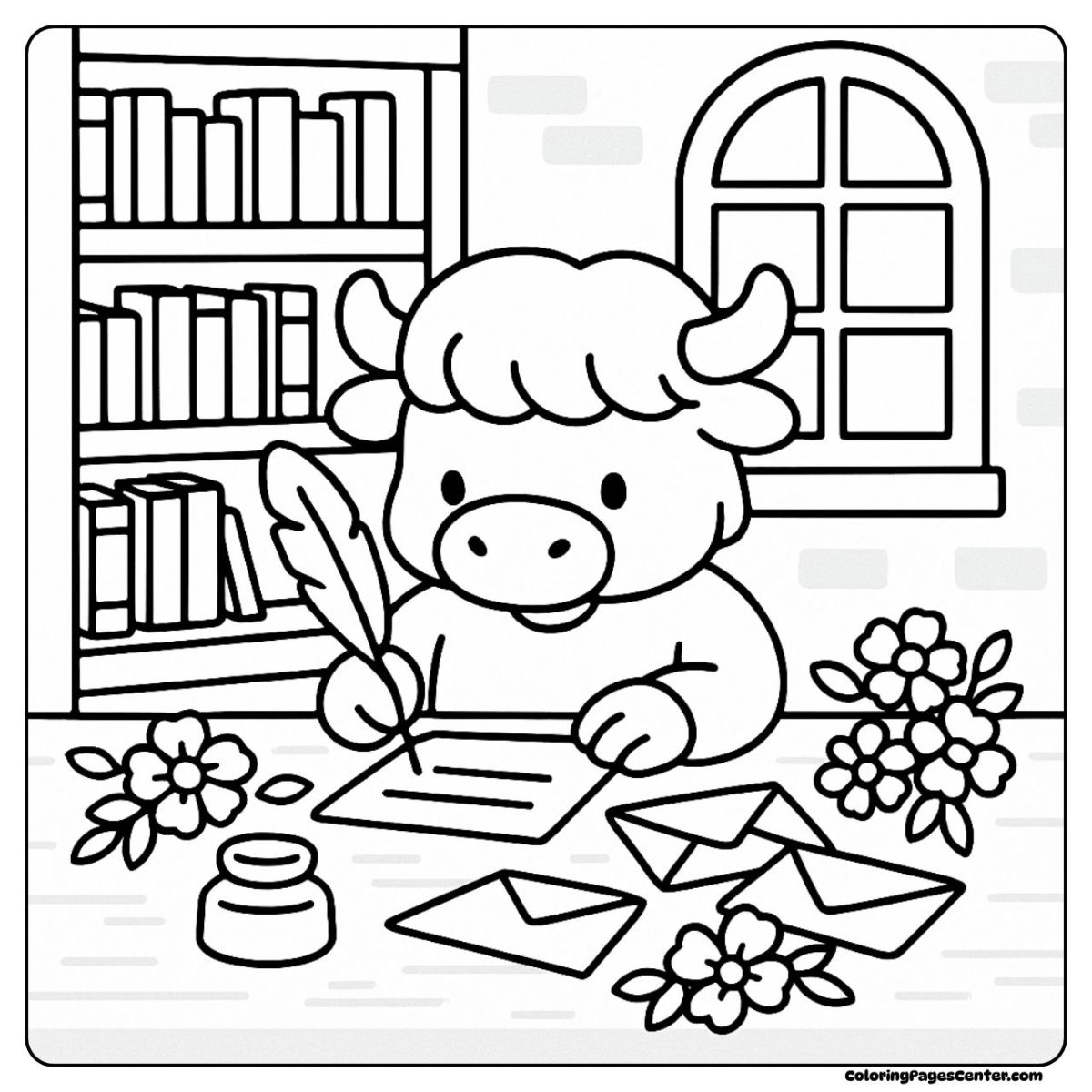 Highland cow coloring page with books and handwritten letters