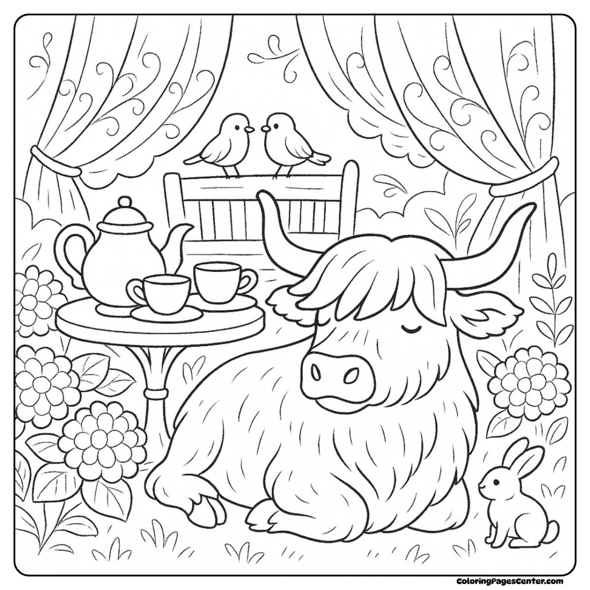 Highland cow coloring pages for adults at a cozy garden tea party Highland cow coloring pages for adults with teacups, flowers, and a rabbit