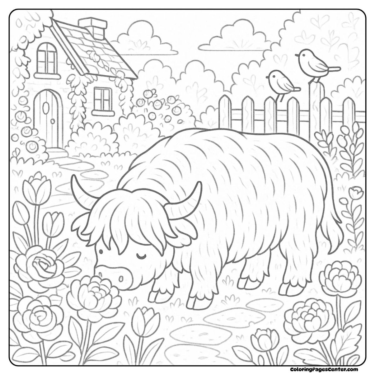 Highland cow coloring pages for adults with blooming roses and birds