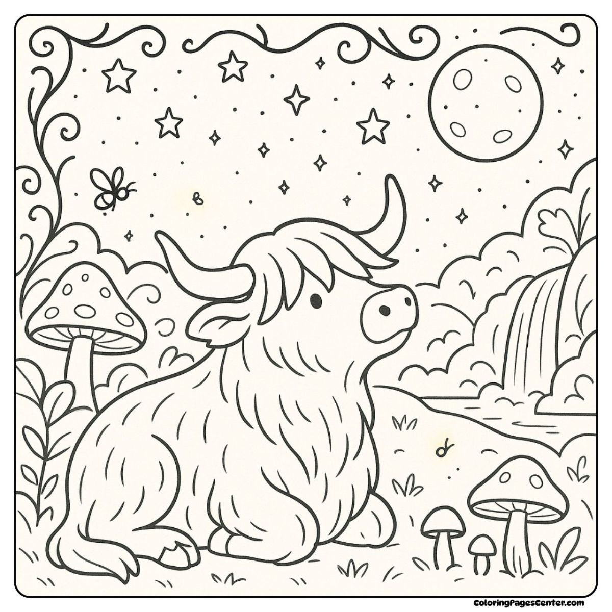 Highland cow coloring pages for adults gazing at stars by a waterfall Highland cow coloring pages for adults with a moon, stars, and mushrooms