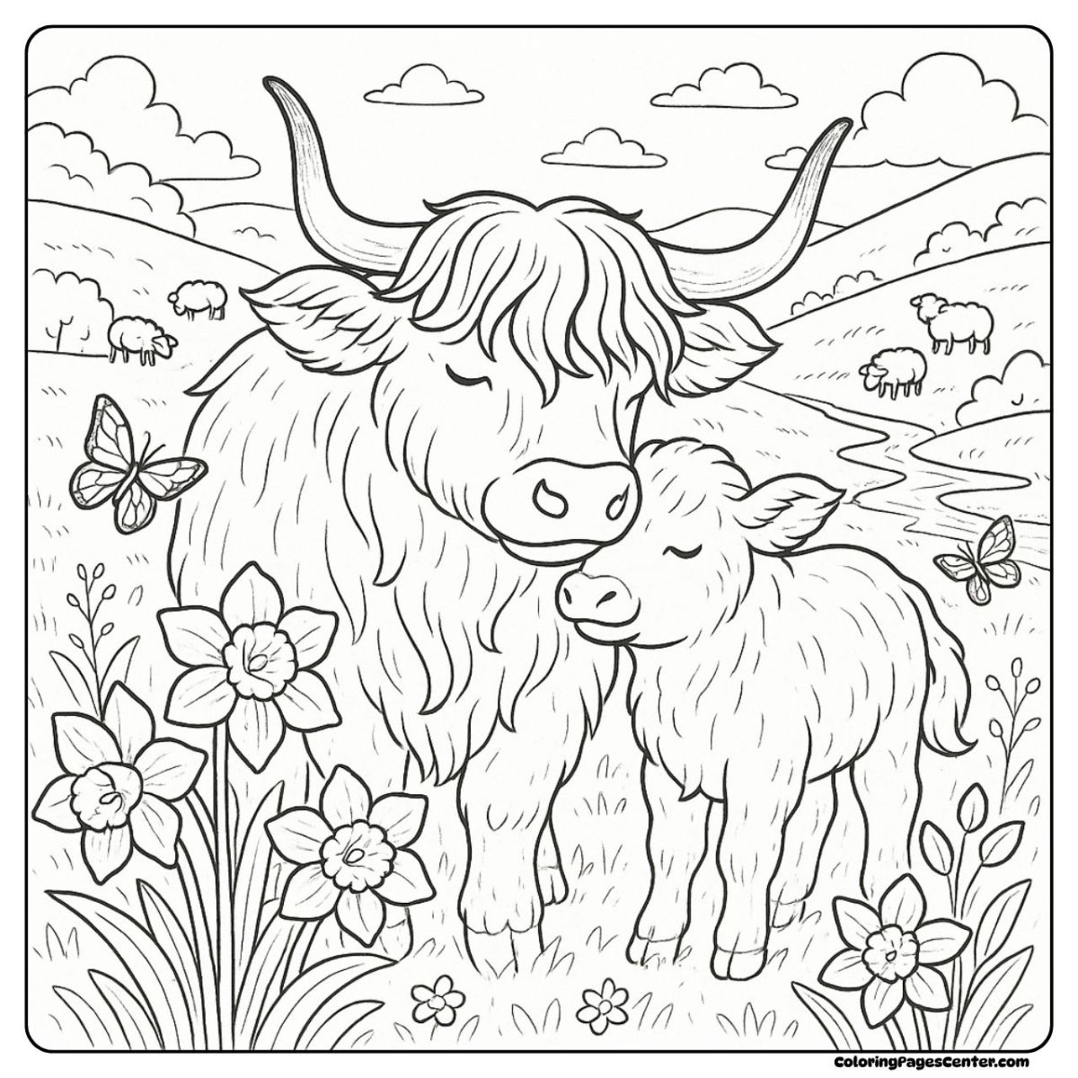 Highland cow coloring pages for adults in a fresh spring meadow Highland cow coloring pages for adults with daffodils, butterflies, and fields