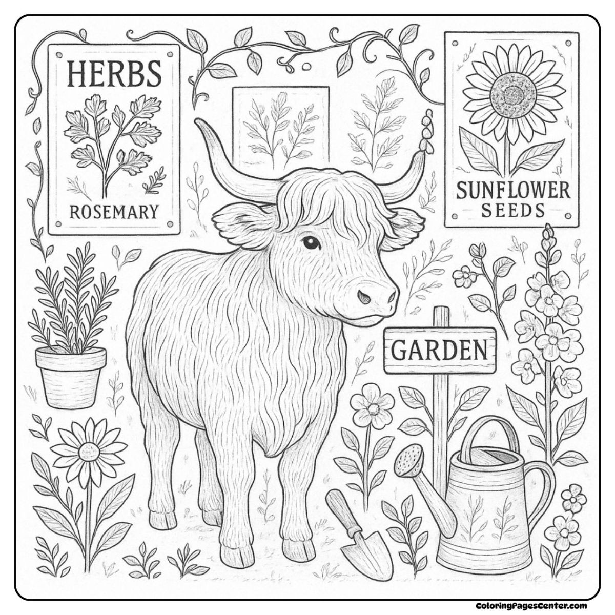 Highland cow coloring pages for adults in a garden with herbs and flowers Highland cow coloring pages for adults with rosemary, sunflowers, and plants