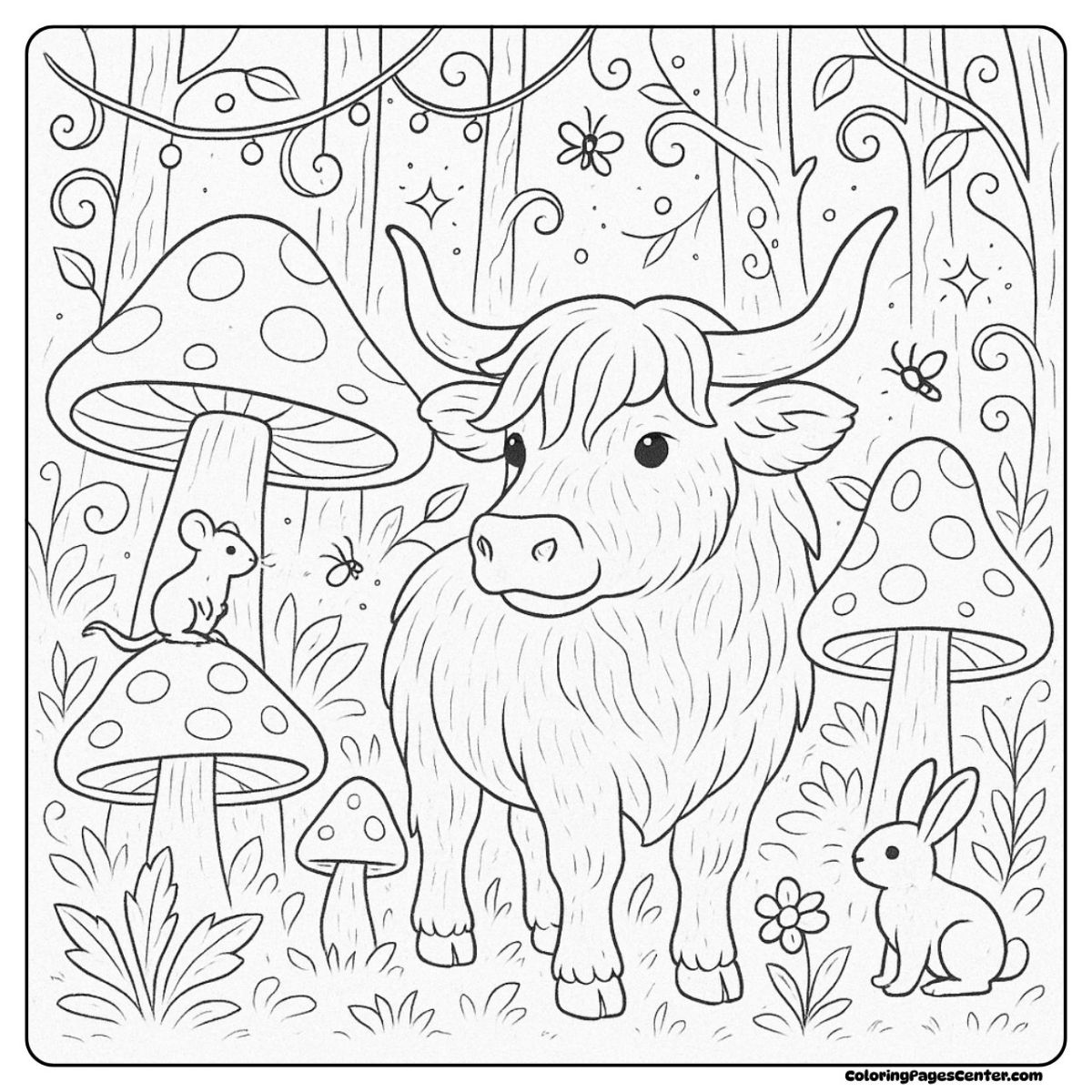 Highland cow coloring pages for adults with mushrooms, bunny, and mouse
