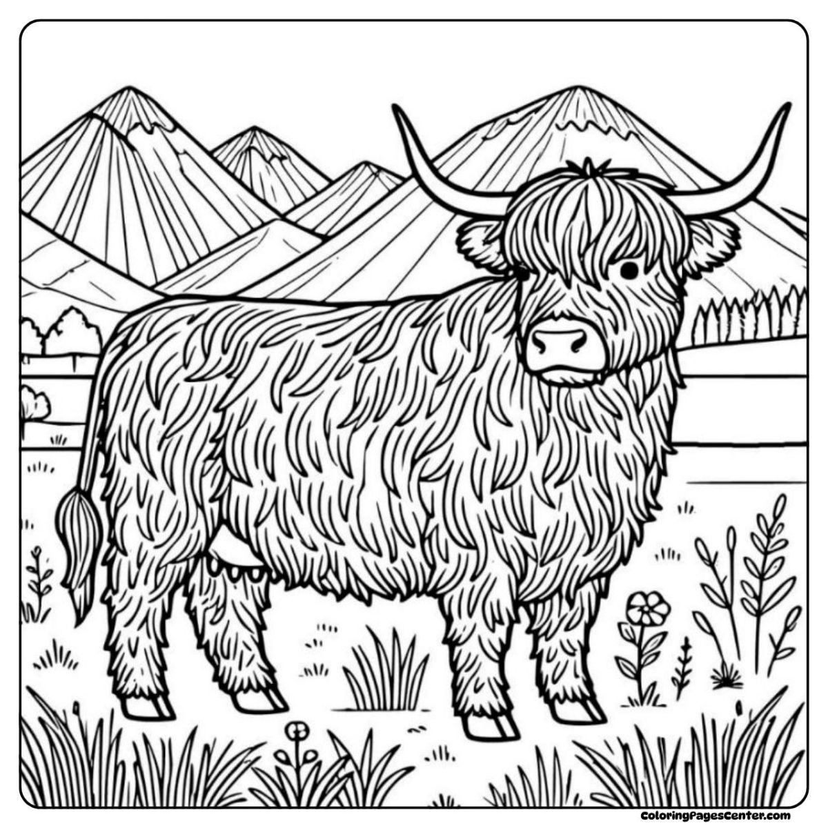 Highland cow coloring pages for adults with sharp peaks behind