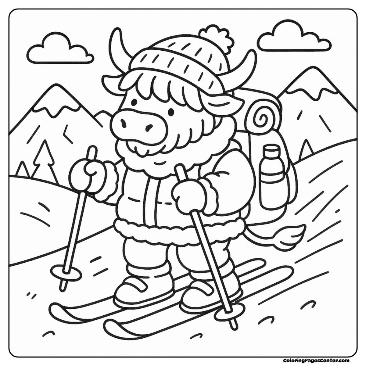 Highland cow coloring pages for adults skiing in snowy mountain hills Highland cow coloring pages for adults with snow, skis, and warm clothes