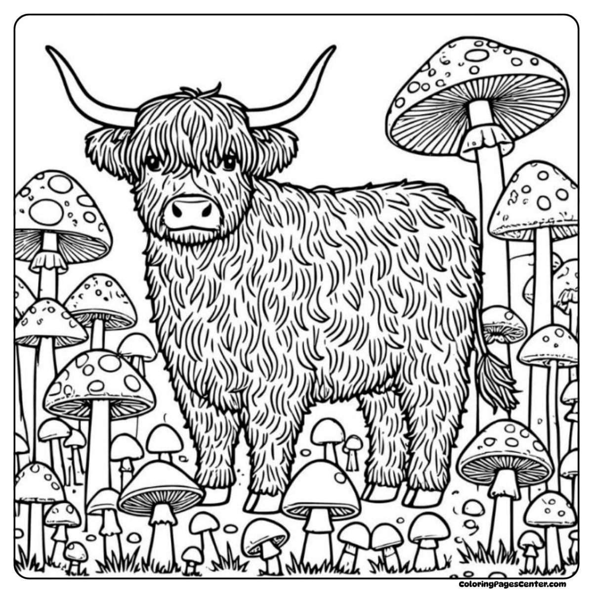 Highland cow coloring pages for adults in a playful mushroom forest