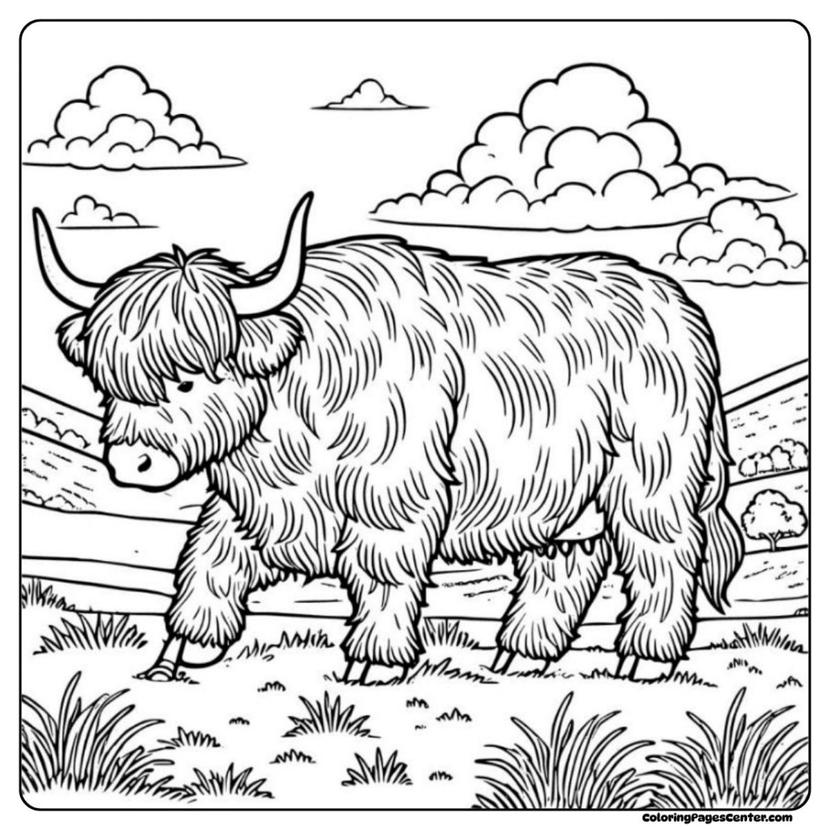 Highland cow coloring pages for adults in rolling green pastures