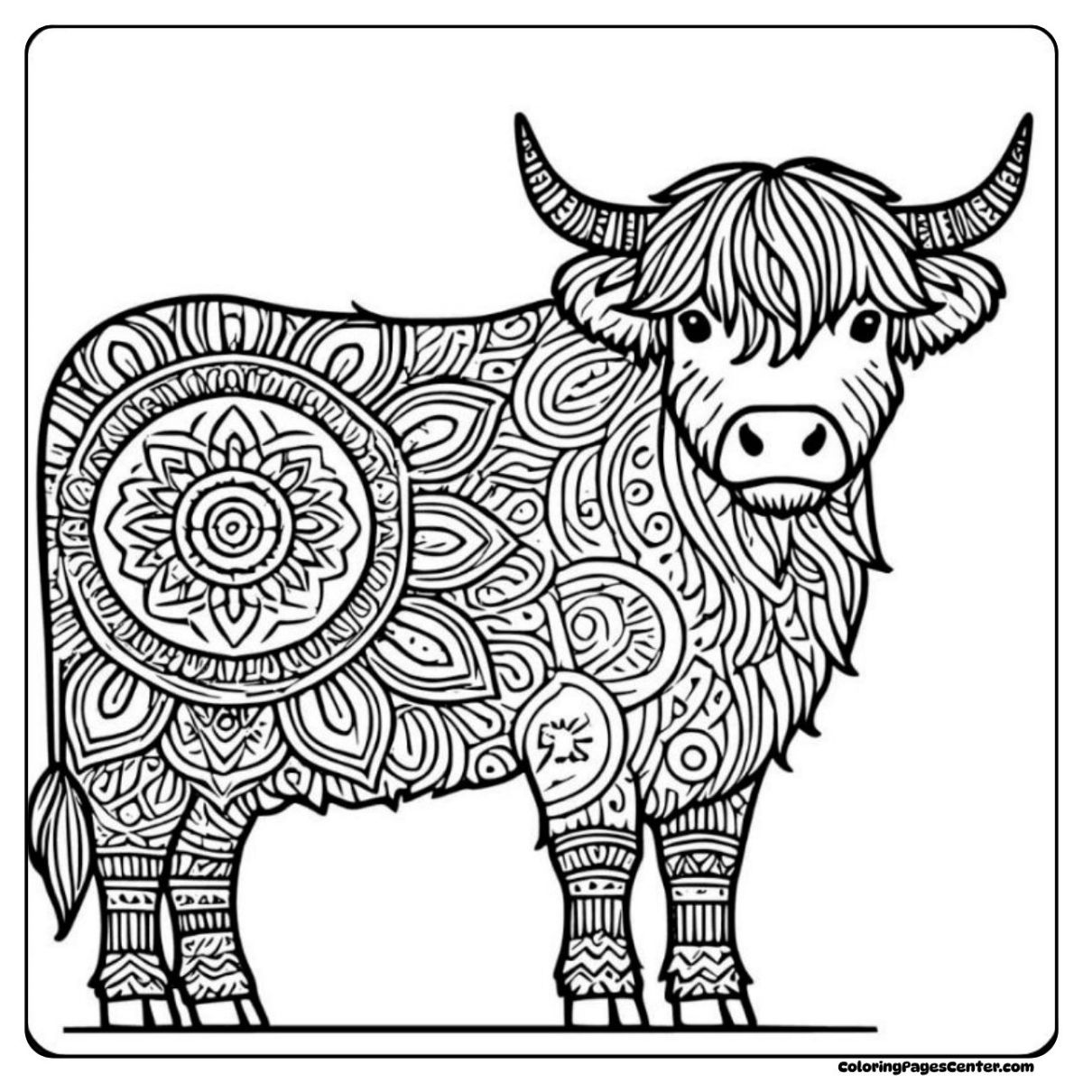 Highland cow coloring pages for adults in unique boho patterns