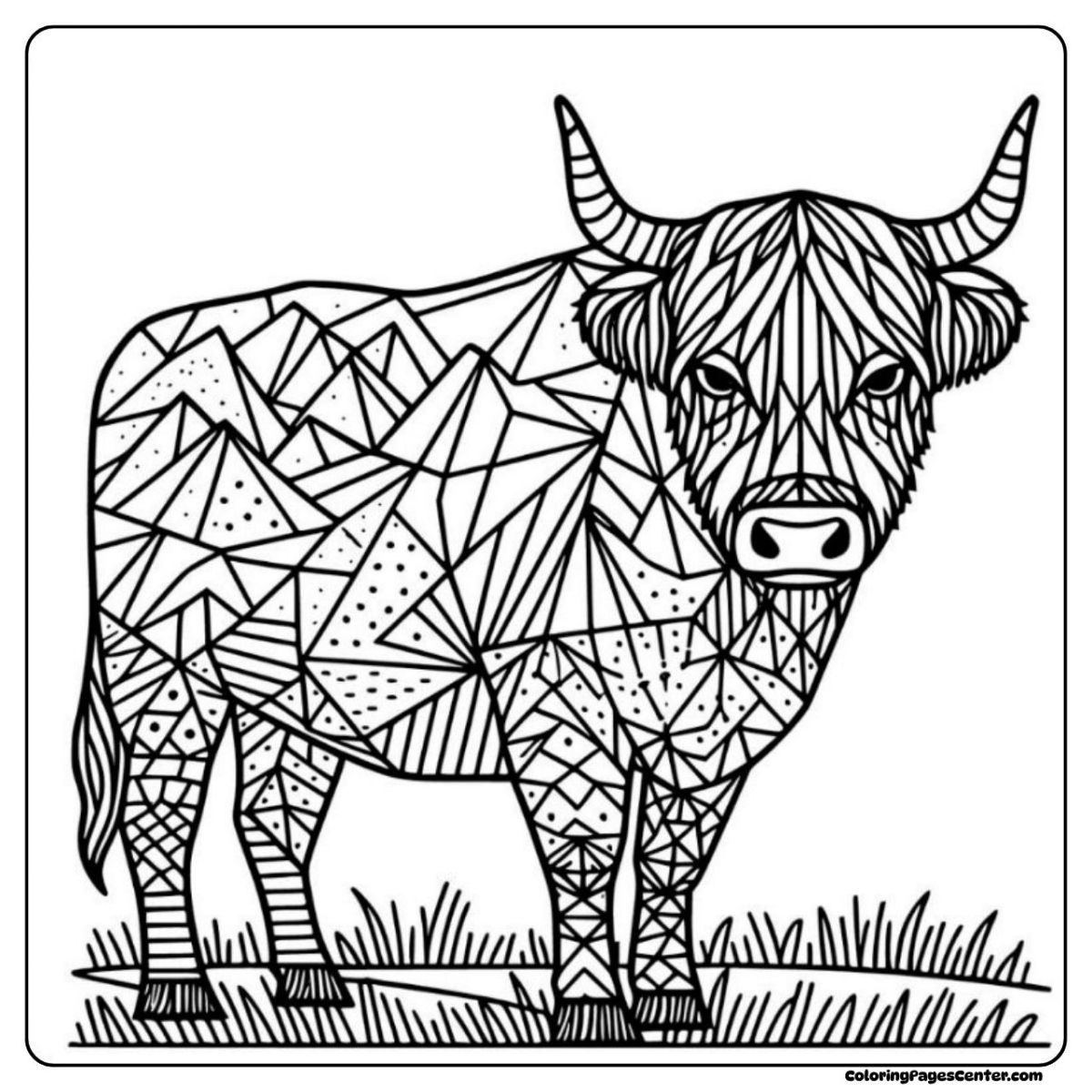 Highland cow coloring pages for adults in triangle mosaic lines