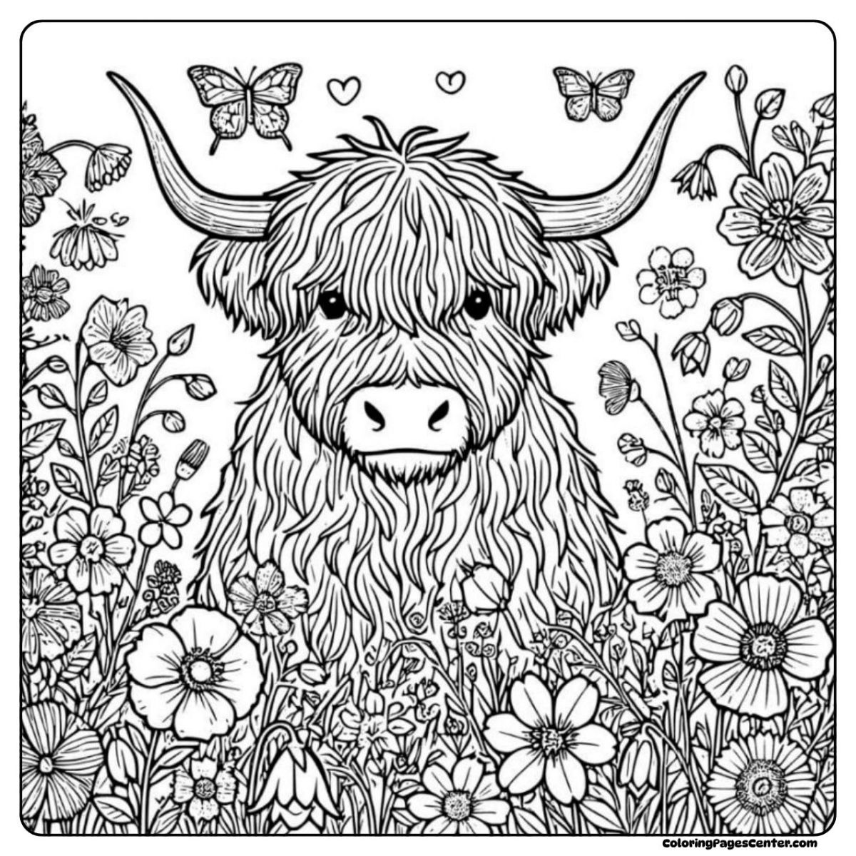 Highland cow coloring pages for adults in a bright wildflower field