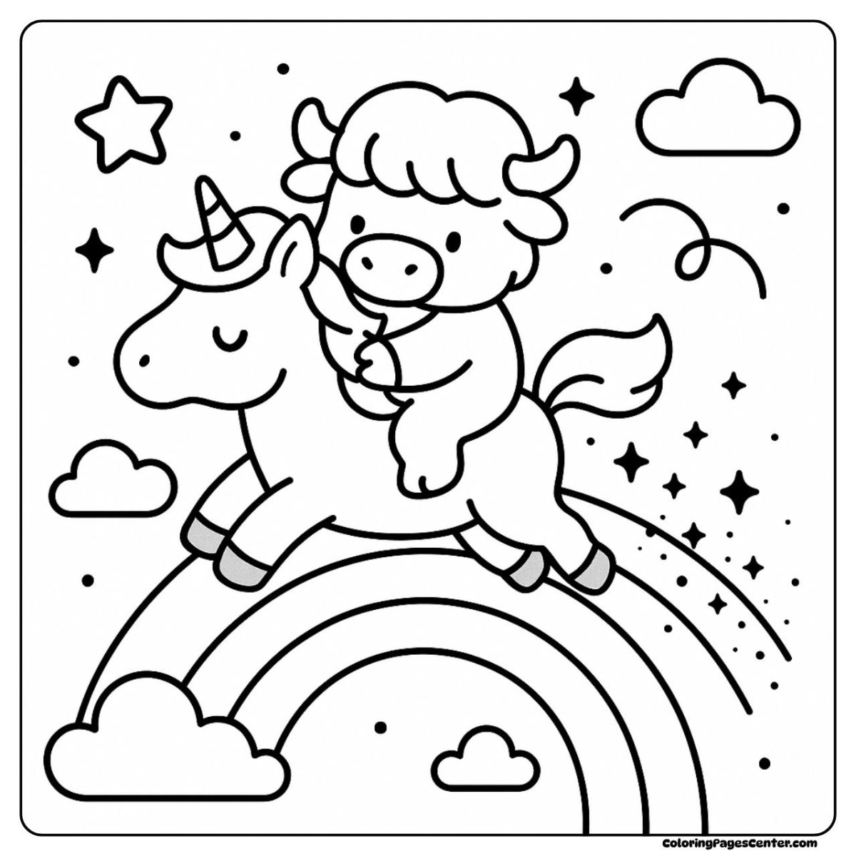 Fantasy highland cow coloring picture on a rainbow trail