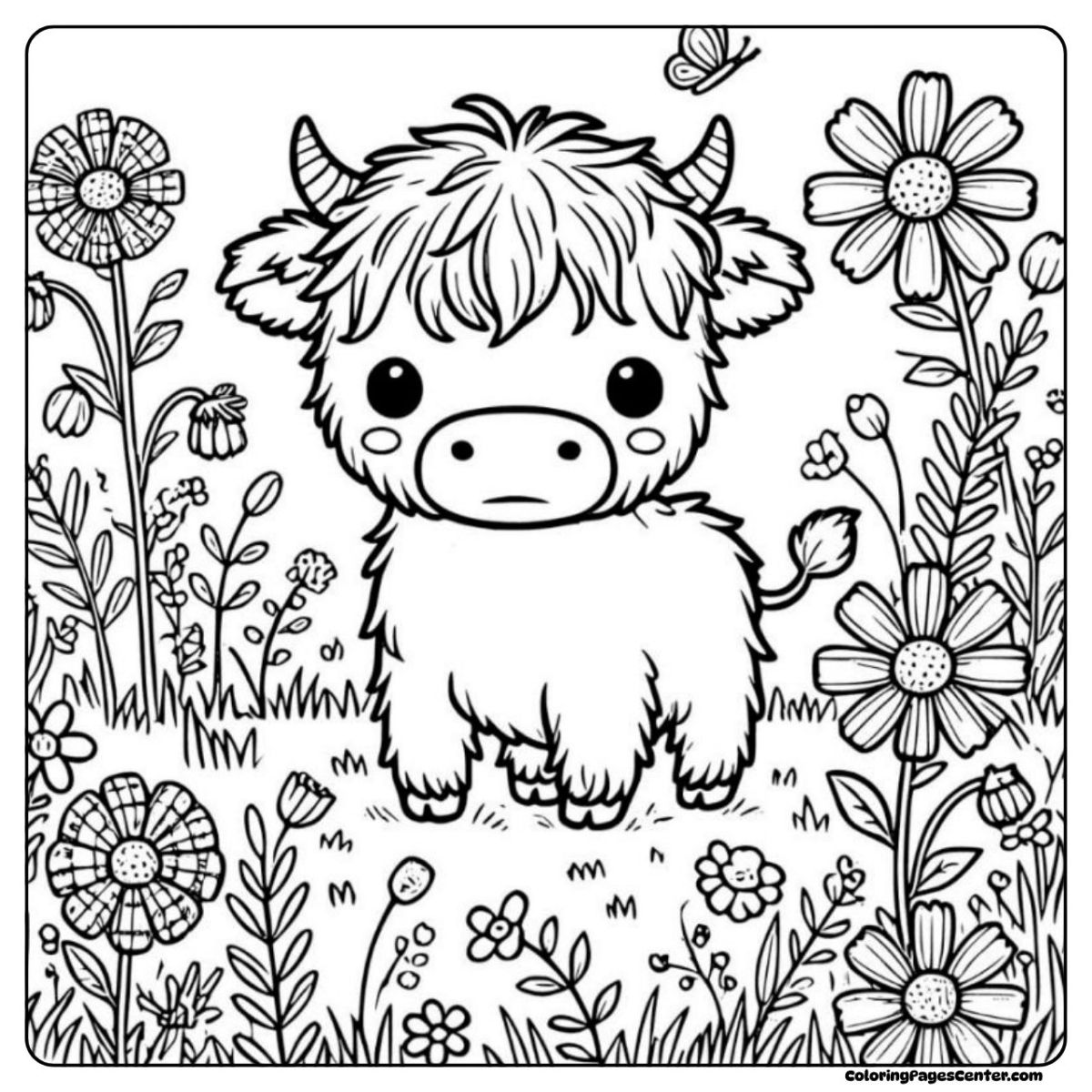 Mini highland cow coloring page among daisies and wildflowers Mini highland cow coloring page in a meadow full of flowers