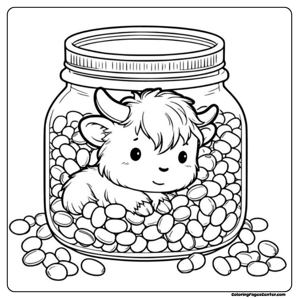 Mini highland cow coloring page inside a jar filled with candies