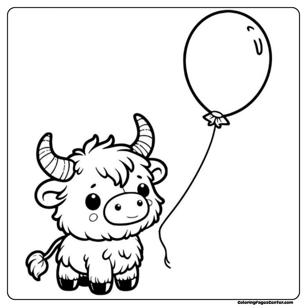 Mini highland cow coloring page with floating balloon friend