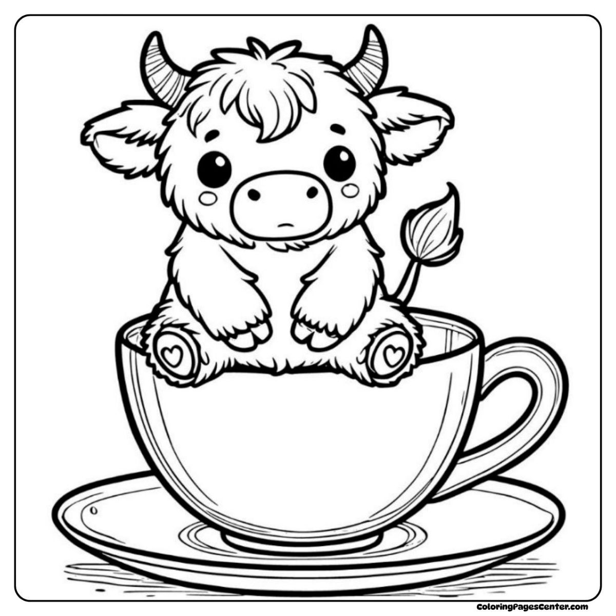 Mini highland cow coloring page relaxing inside a teacup Mini highland cow coloring page sitting in a warm teacup