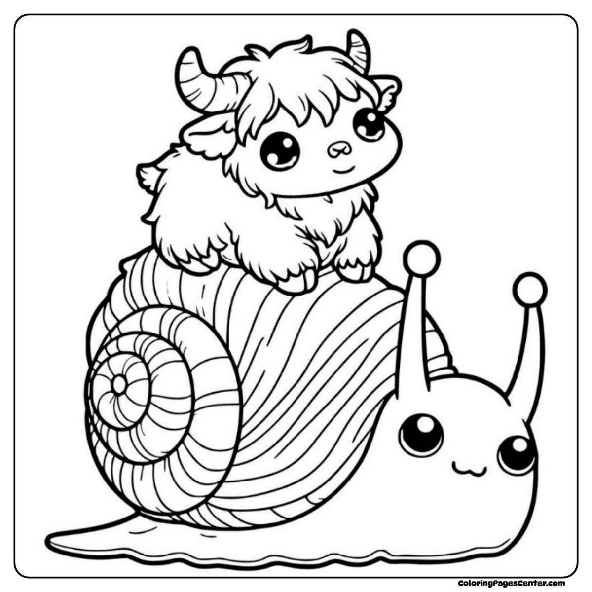 Mini highland cow coloring page taking a ride on a friendly snail Mini highland cow coloring page sitting on a snail shell