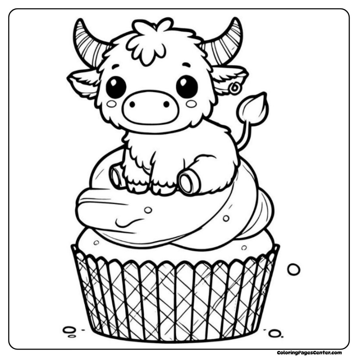 Mini highland cow coloring page sitting happily on a big cupcake Mini highland cow coloring page with a cupcake swirl seat