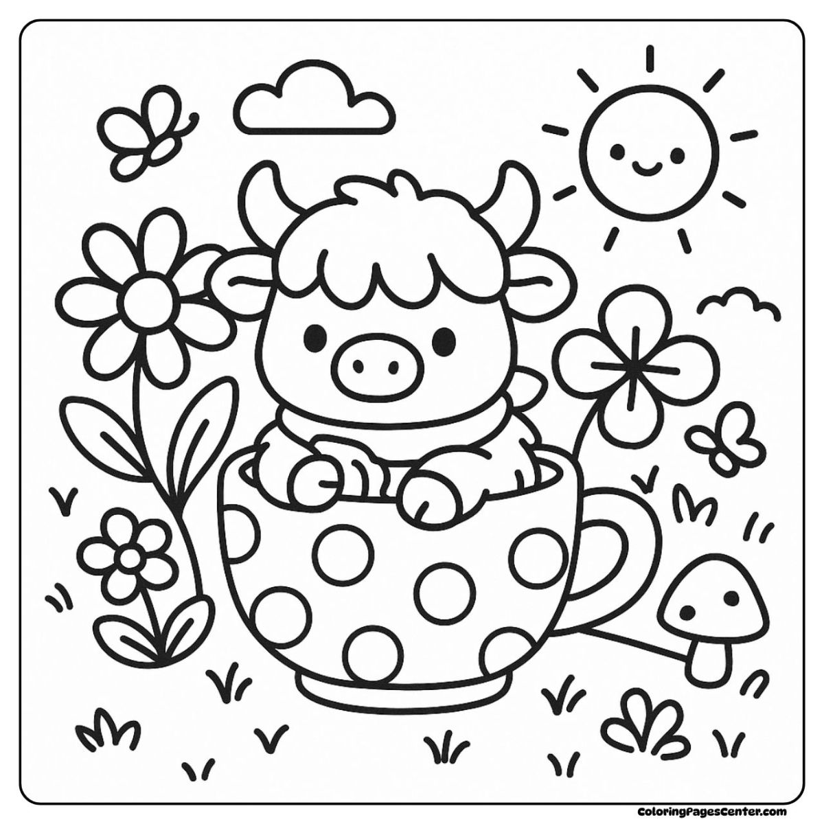 Mini highland cow coloring page enjoying a tea garden adventure Mini highland cow coloring page with a polka dot teacup