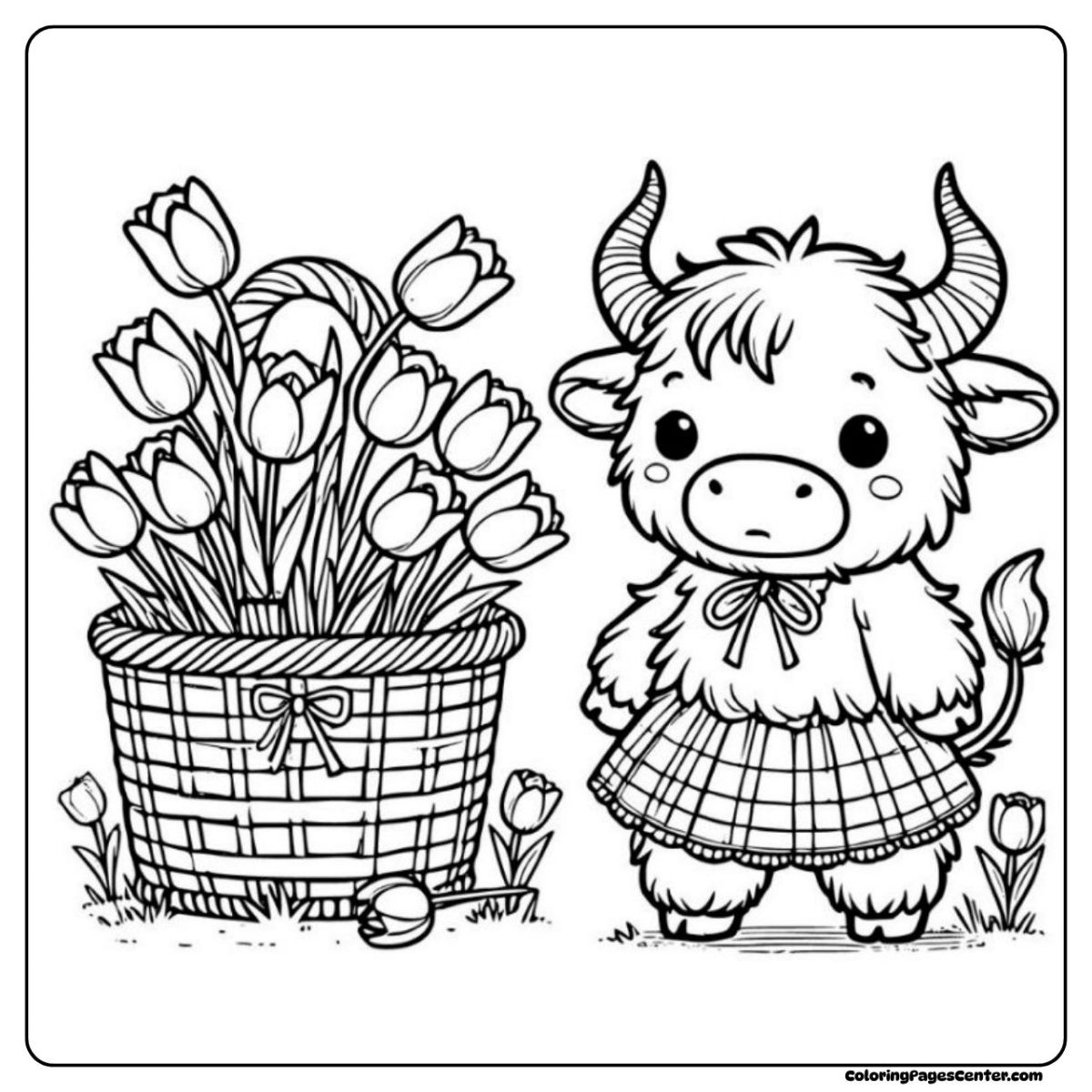 Mini highland cow coloring page next to a basket of tulips Mini highland cow coloring page with spring tulips and skirt