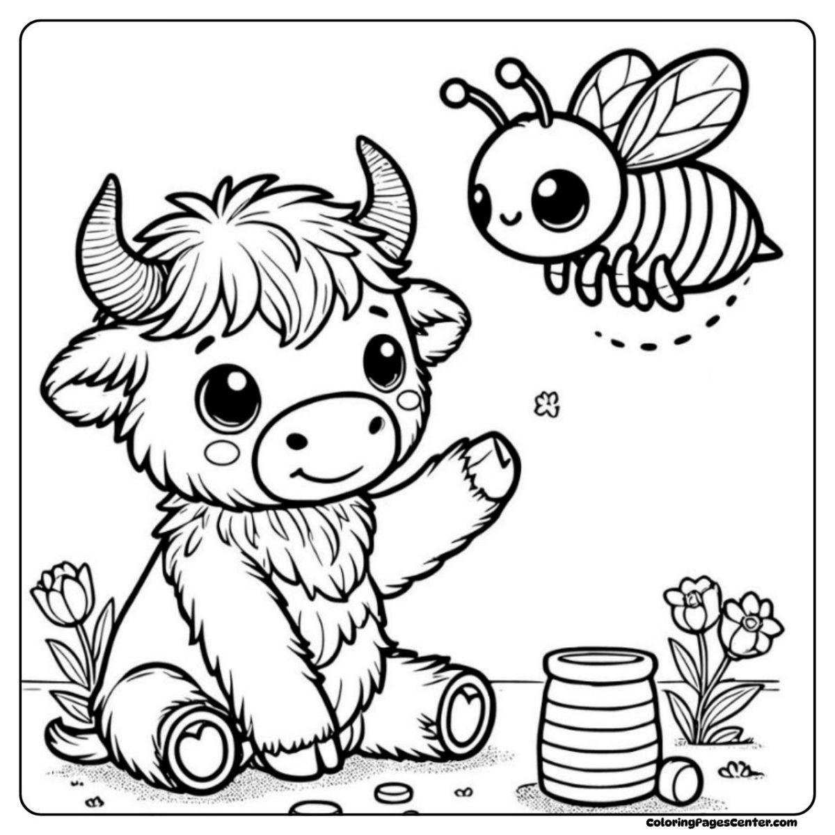 Mini highland cow coloring page waving to a honeybee