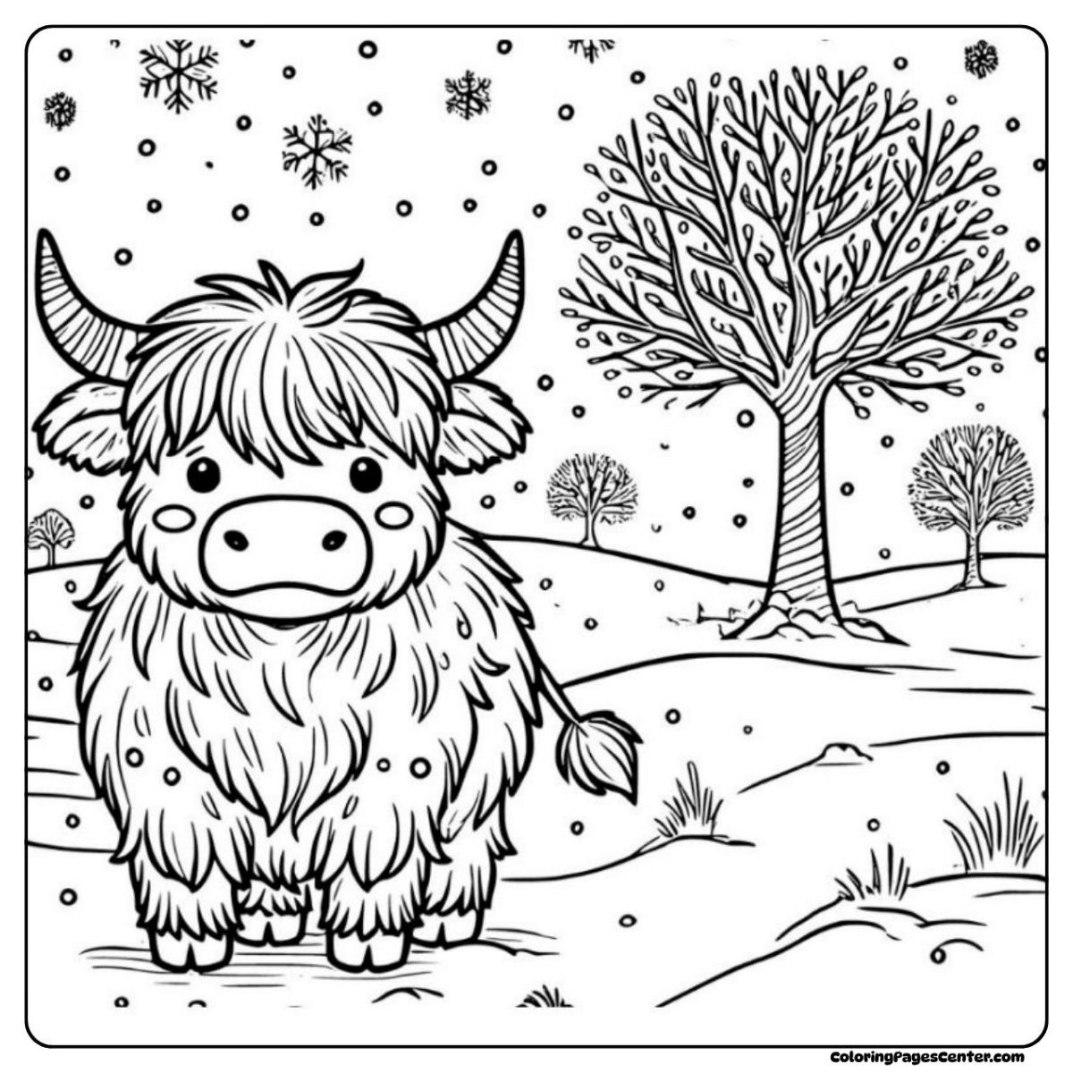 Highland cow coloring page at Christmas with falling snow and bare trees
