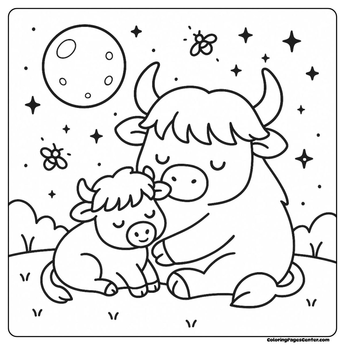 Highland cow coloring sheet resting with stars above