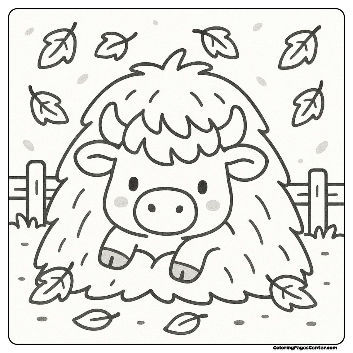 Highland cow coloring picture rolling under autumn leaves