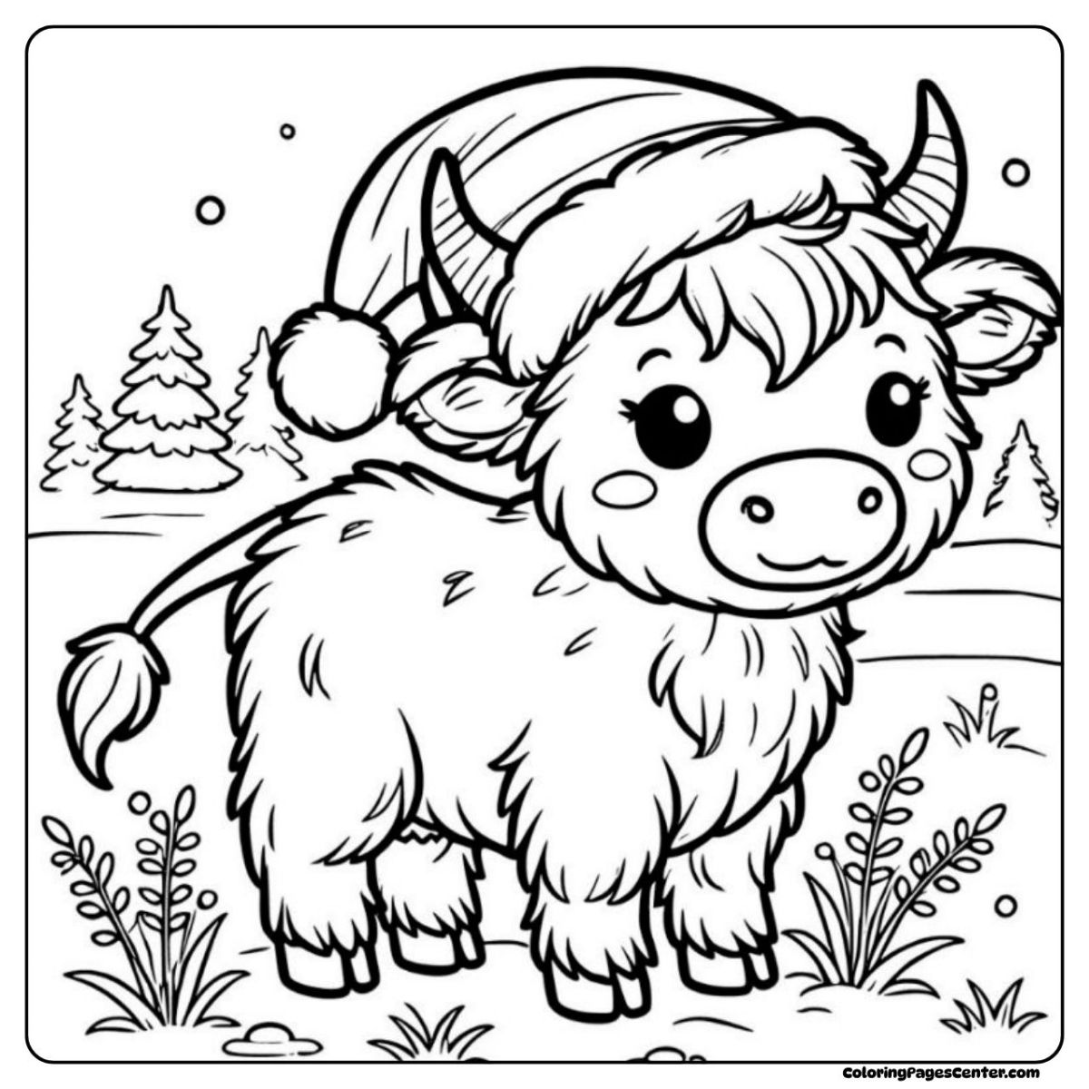 Highland cow coloring page for Christmas with Santa hat and pine trees