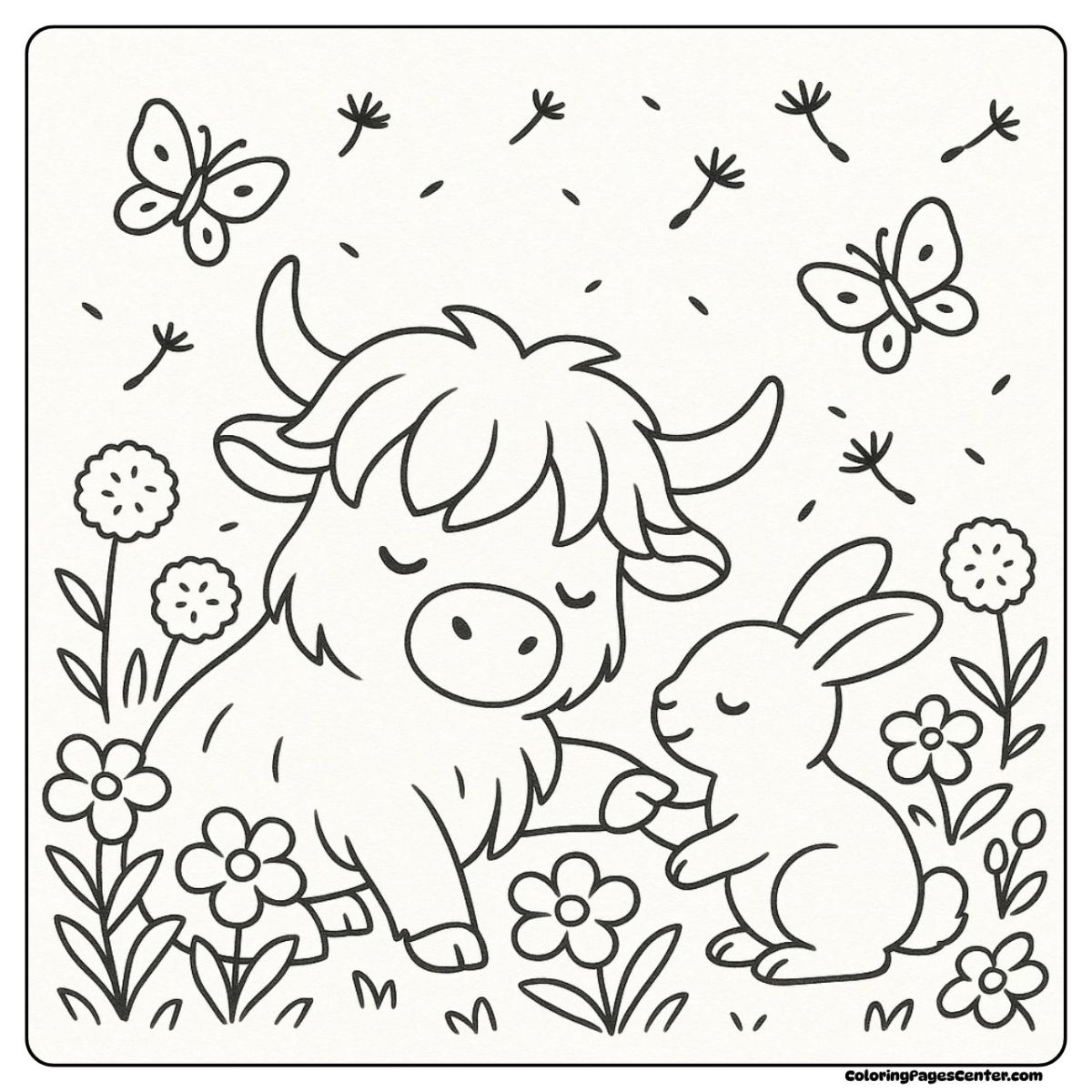Gentle highland cow coloring sheet meeting a small rabbit